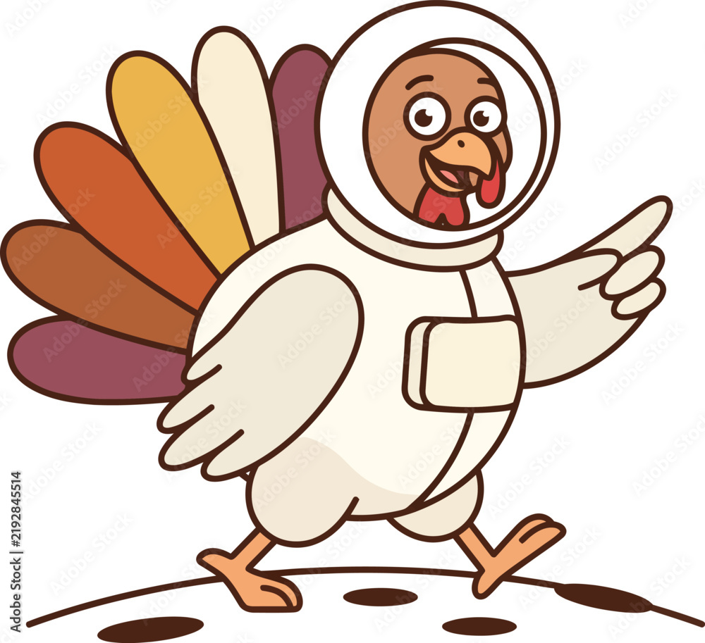 Obraz premium Cute Astronaut Turkey Walking in Space Suit Vector Illustration for Thanksgiving Science Design