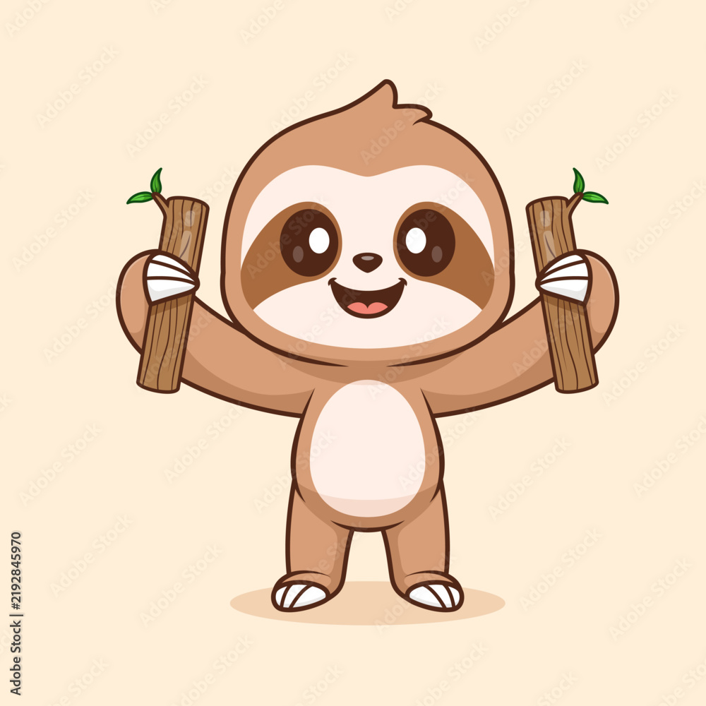 Fototapeta premium Cute Sloth Holding Wood Branch Tree Cartoon 