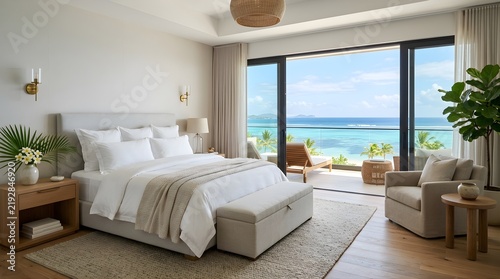 Luxury Hotel Bedroom Suite With Ocean View Balcony and Modern Decor