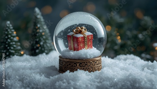 Snow globe containing miniature red Christmas gift box with gold bow sitting on white snow.