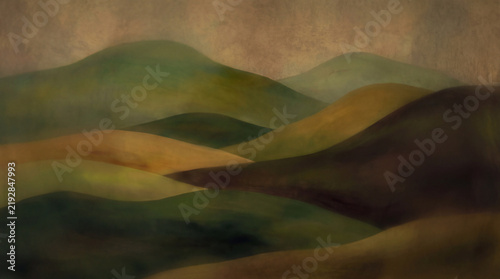 Ethereal Hues of Rolling Hills: A serene, abstract landscape painting depicts undulating hills in muted tones of green, yellow, and brown, evoking a sense of calm and timeless beauty.
