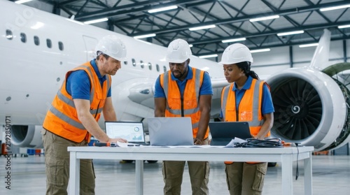 Aircraft maintenance engineers collaborating on a laptop in a commercial hangar