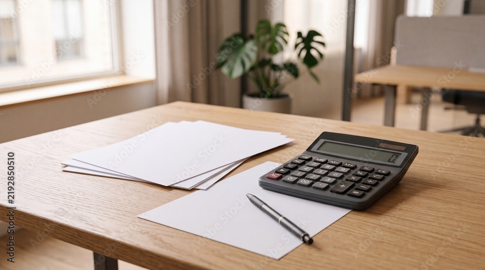 Fototapeta premium Financial accounting and budget planning concept photo. Black electronic calculator, ballpoint pen, and stacked white paperwork on a wooden office desk. Bright natural light