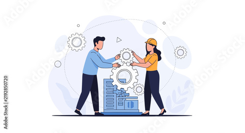Teamwork and collaboration in engineering, construction, and manufacturing with gears and blueprint illustration