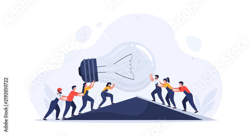 Teamwork and Collaboration: People Pushing a Giant Light Bulb Up a Hill to Symbolize Shared Ideas and Innovation