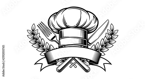 Chef Hat With Cutlery And Laurel Wreath Emblem