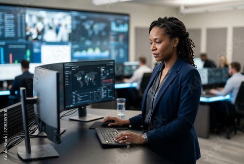 Black female cybersecurity director analyzing data in modern SOC control room
