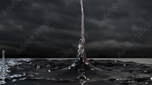 Side Close up of a Dark Liquid Crown Splash in Slow Motion on a very dark cloudy Background
