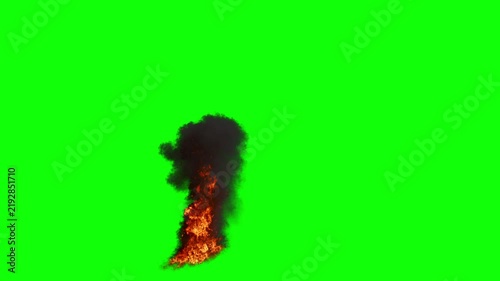 High Angle view of Medium Oil Fire with Tall Flames in varying Orange and Dense Smoke Plume with fast Dissipation on a perfect Green Background