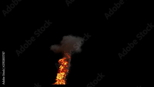 Side view of Small Oil Fire with Tall Flames in varying Orange and Dense Smoke Plume with fast Dissipation on a Black Background