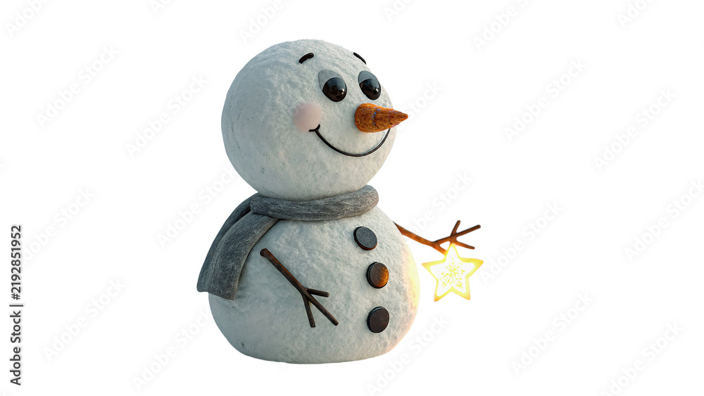 Obraz premium Cute small winter white snowman toy figurine decoration isolated on transparent background.