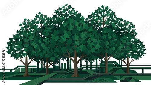 Stylized Vector Illustration of a Lush Green Forest Grove with Modern Architectural Landscaping and Walkways