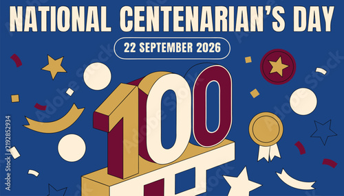 National centenarian day celebration banner featuring large bold hundredth year number