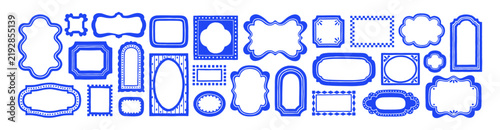 Frame borders, patterns, vintage doodle designs. Wave, rectangle, oval square shape frames, retro borders, blue frames. Boarder decorations, cadre, vintage style patterns. Vector illustrations set