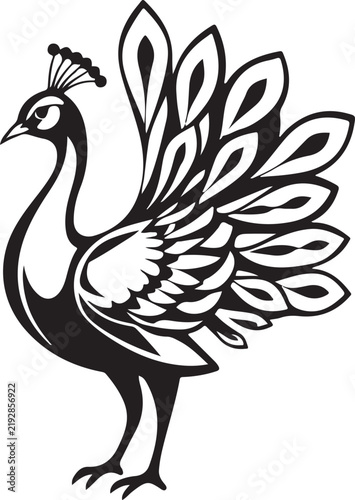 Elegant Peacock Bird Logo Vector Illustration with Ornamental Feathers, Decorative Tail and Botanical Style Design