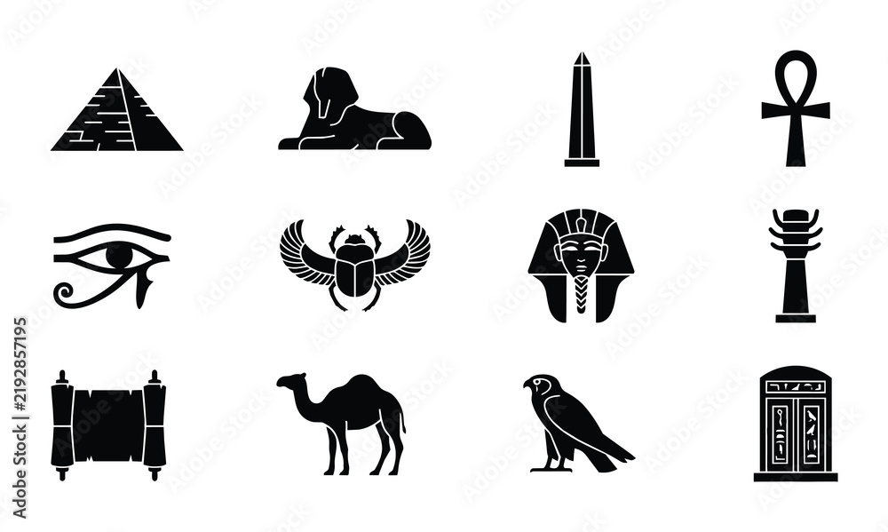Fototapeta premium Ancient Egyptian Icons Collection: Pyramids, Sphinx, Hieroglyphs, Ankh, Eye of Horus, Scarab, Pharaoh, Camel, Falcon, Obelisk, Scroll, Tomb - Vector Graphics