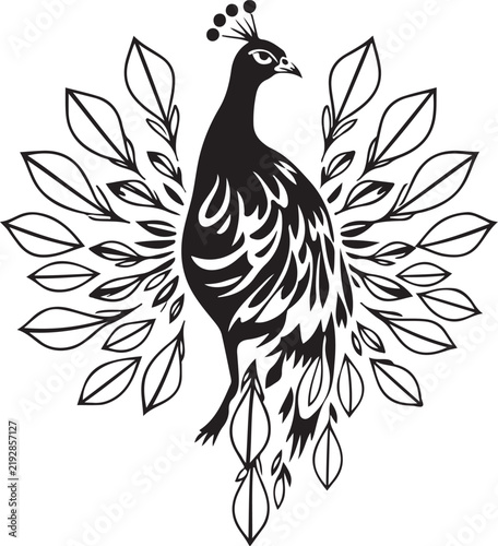 Elegant Peacock Bird Logo Vector Illustration with Ornamental Feathers, Decorative Tail and Botanical Style Design