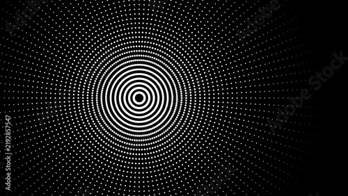A black background, featuring a central, circular pattern of, white dots arranged, in concentric rings, creating a target, or ripple effect