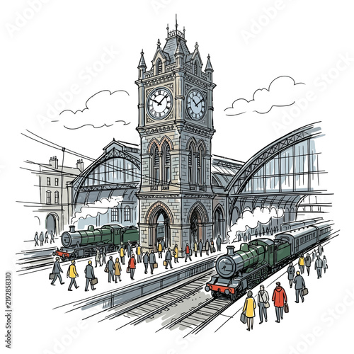 Vintage Train Station Clock Tower, Steam Trains, Passengers