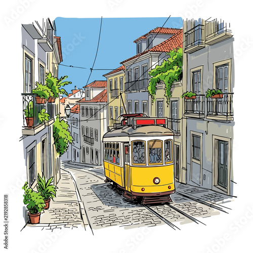 Yellow tram on cobblestone street, European city, illustration