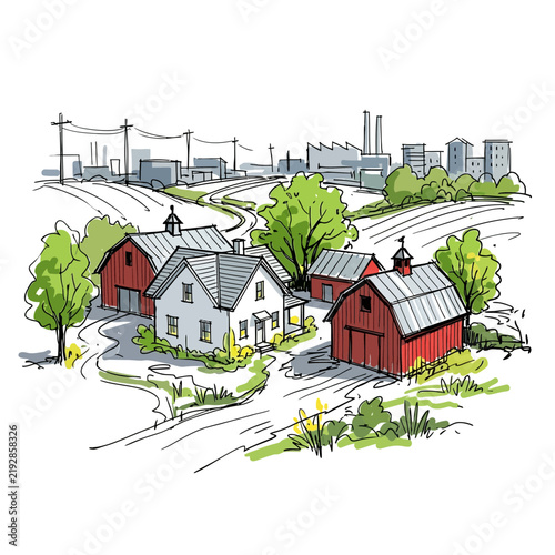 Rural farm houses with distant industrial skyline, hand drawn illustration