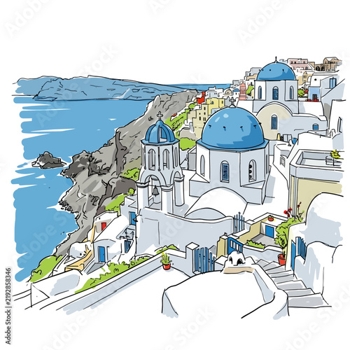 Santorini coastal village sketch with blue domes and sea view
