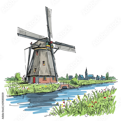 Sketch of a Dutch windmill, canal, and village