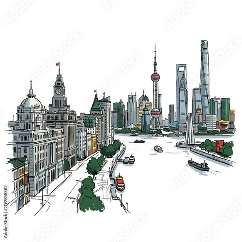 Shanghai skyline sketch with historic buildings and modern skyscrapers