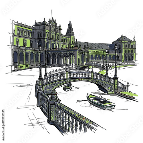 Sketchy canal bridge with boats and ornate building in sepia and green