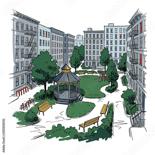 Urban courtyard with gazebo, park benches, trees, apartment buildings, and bikes.