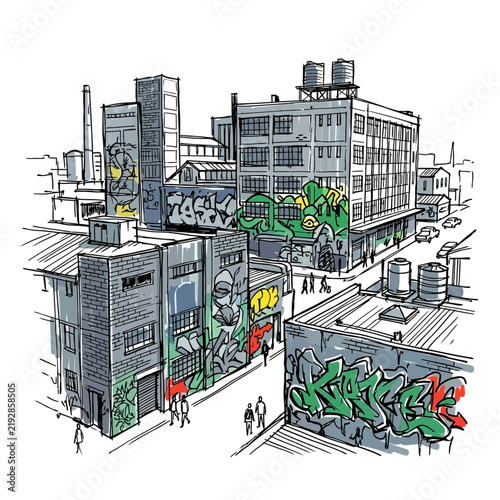 Urban street art mural graffiti on industrial buildings