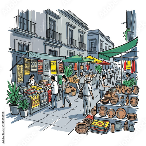 Vibrant street market scene with people browsing textiles and pottery stalls