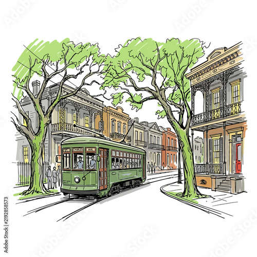 Vintage green streetcar on historic city street with trees and buildings