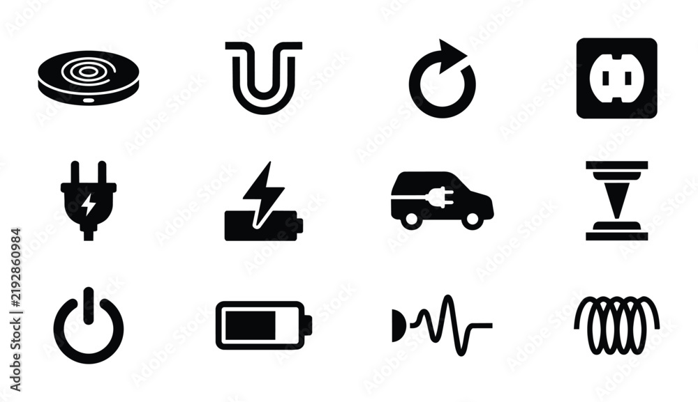 Fototapeta premium Electric Vehicle Charging Icons, Power Symbols, Energy Technology Vector Set: Wireless Charger, Plug, Battery, Car, Outlet, Power Button, Coil