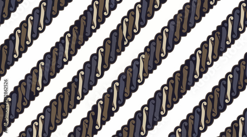 Traditional Indonesian Batik Parang pattern with diagonal wavy lines and brown blue tones.