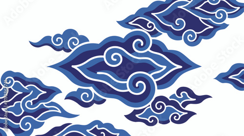 Traditional Indonesian Batik Pattern Featuring Stylized Blue Clouds on a White Background.