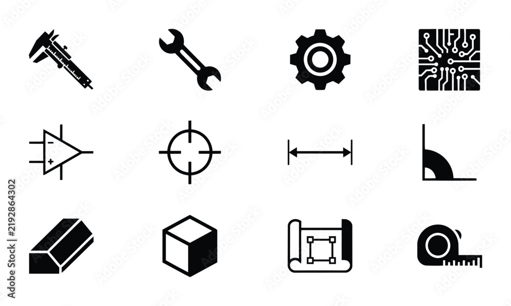 Fototapeta premium Engineering Icons Set: Precision Tools, Measurement, Mechanics, Electronics, and Design Elements for Technical Concepts
