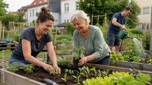Nachbarn arbeiten gemeinsam im Gemeinschaftsgarten