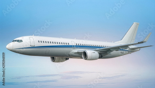 Side View of Passenger Commercial Airplane Flying in Soft Light Blue Sky Cloud Background Travel Aviation Transport Concept