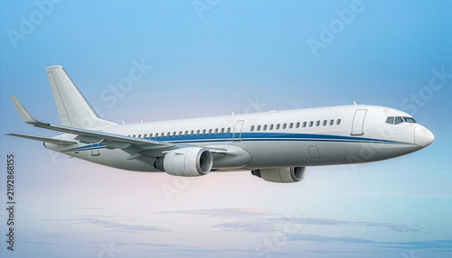 White Commercial Jet Passenger Airplane Flying Smoothly in Blue Sky Cloud Side View Aviation Travel Transportation Concept