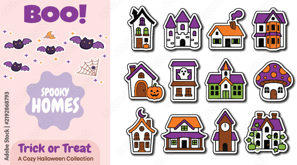 Fototapeta premium Cozy spooky halloween house sticker collection, cute haunted castle and pumpkin cottage vector
