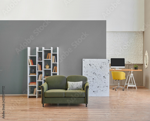 Green and white wall background interior style home design, working table background, white bookshelf and sofa.