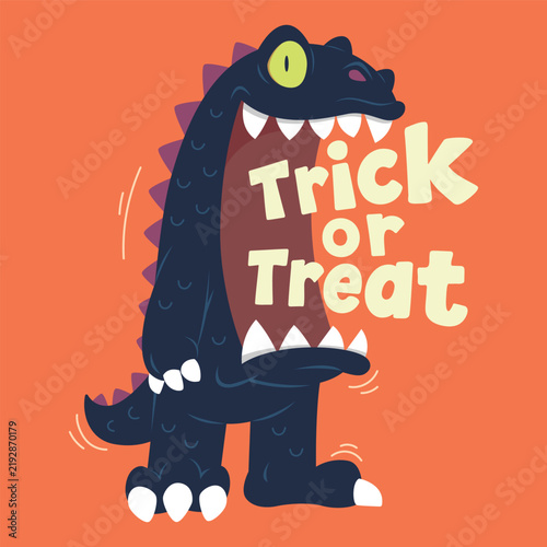 Lizard monster saying trick or treat sign halloween vector graphic cartoon