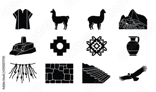 Andean Culture Icons Set: Llama, Inca Symbols, Mountains, Terraces, Pottery, Condor, Traditional Clothing, Stone Walls, Vector Graphics