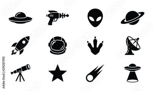 Space Icons Set, Sci-Fi Vector Graphics, Alien UFOs, Rockets, Astronaut Helmets, Astronomy Telescope, Cosmic Elements, Retro Futurism Collection