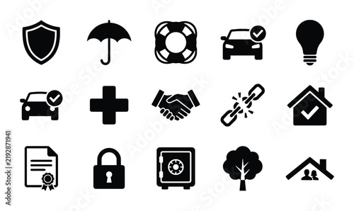 Insurance and Security Icons Set, Vector Graphics for Protection, Safety, and Financial Planning Concepts