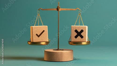 A gold scale balances wooden blocks with check and cross symbols on a teal background. Represents decision making, ethics, and choosing between right and wrong.