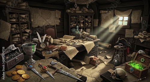 Pirate Study Room with Maps and Treasure