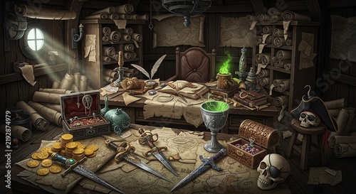 Pirate cabin with treasure and maps