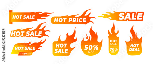Hot sale banner set with fire flames and discount text. Promo tags for retail, shop, and e-commerce marketing